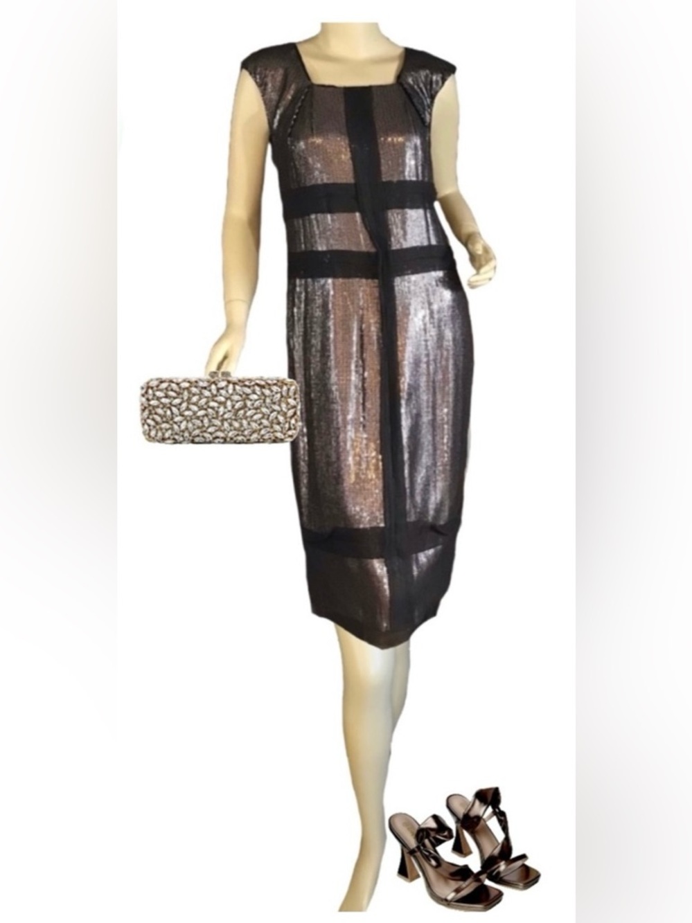 ROBERT RODRIGUEZ BROWN SEQUIN AND SILK CHIFFON TRIM OCCASION DRESS (6)